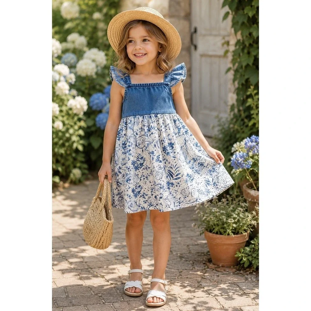 NWT OshKosh B'gosh Girls Paisley Denim Flutter Sleeve Dress 4T